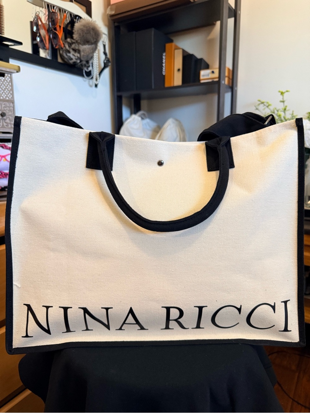 Nina Ricci Cream and Black Logo Canvas Tote
